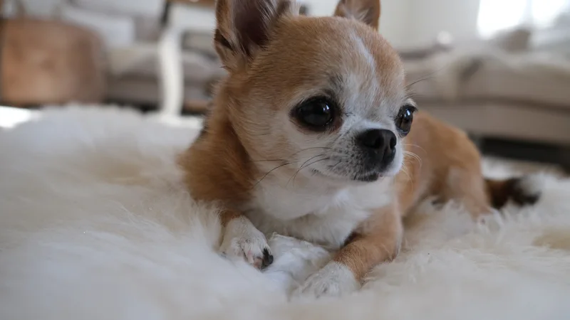 Ein kleiner hellbrauner Hund liegt auf einer weichen weissen Unterlage.